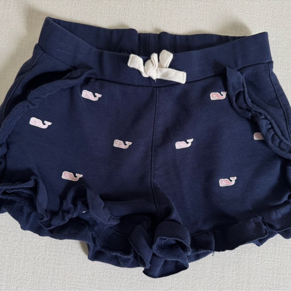 Girls 6/6X Navy Whale Ruffle Shorts – Excellent Condition